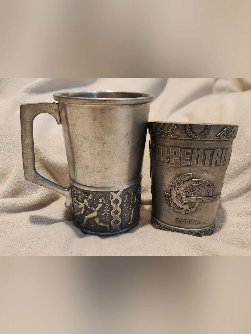 Vintage Norway Tinn Pewter Cup & Mug Set Norwegian Scandinavian Folk Art Relief